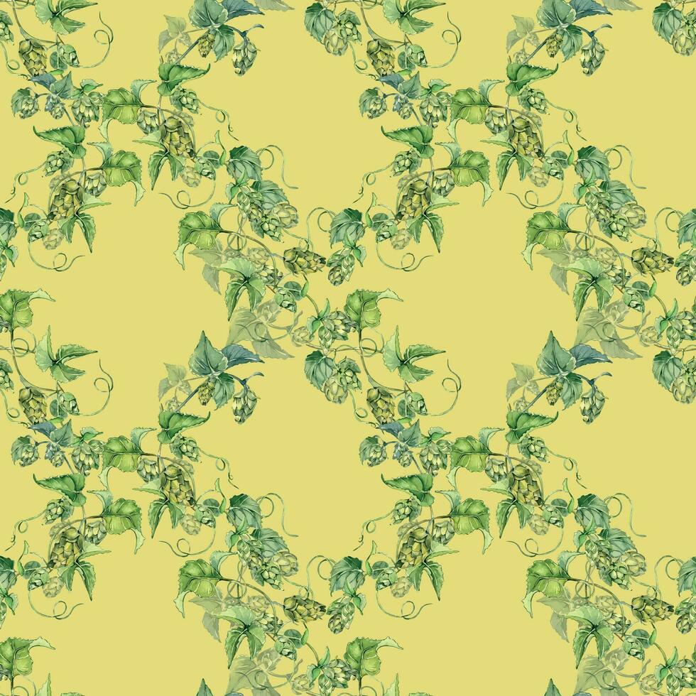 hop Ranke, Pflanze Humulus Aquarell nahtlos Muster isoliert auf Beige Hintergrund. hop auf Brunch mit Blätter, hop Zapfen Hand gezeichnet. Design Element zum Verpackung, Etikett, Verpackung, Papier, Textil- vektor