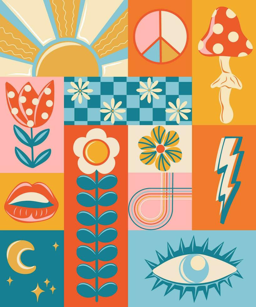 abstrakt retro ästhetisch Poster mit groovig Gänseblümchen Blumen, Sonne, Augen und trippy Pilz vektor