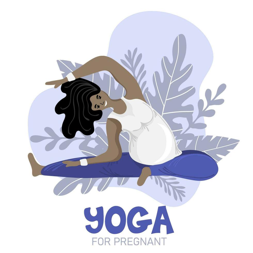 yoga för gravid. afrikansk amerikan gravid kvinna håller på med yoga, har friska livsstil och avslappning. Lycklig och friska graviditet begrepp vektor