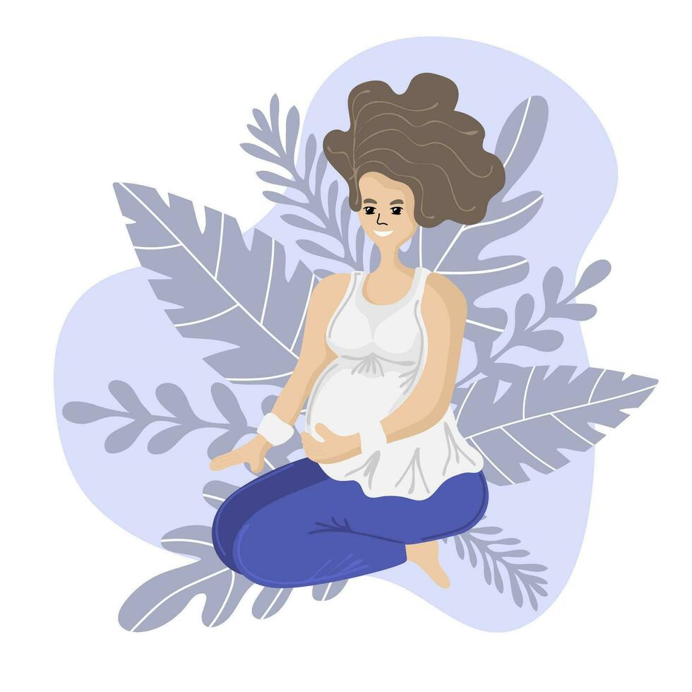 gravid kvinna håller på med yoga, har friska livsstil och avslappning, övningar för gravid kvinna vektor