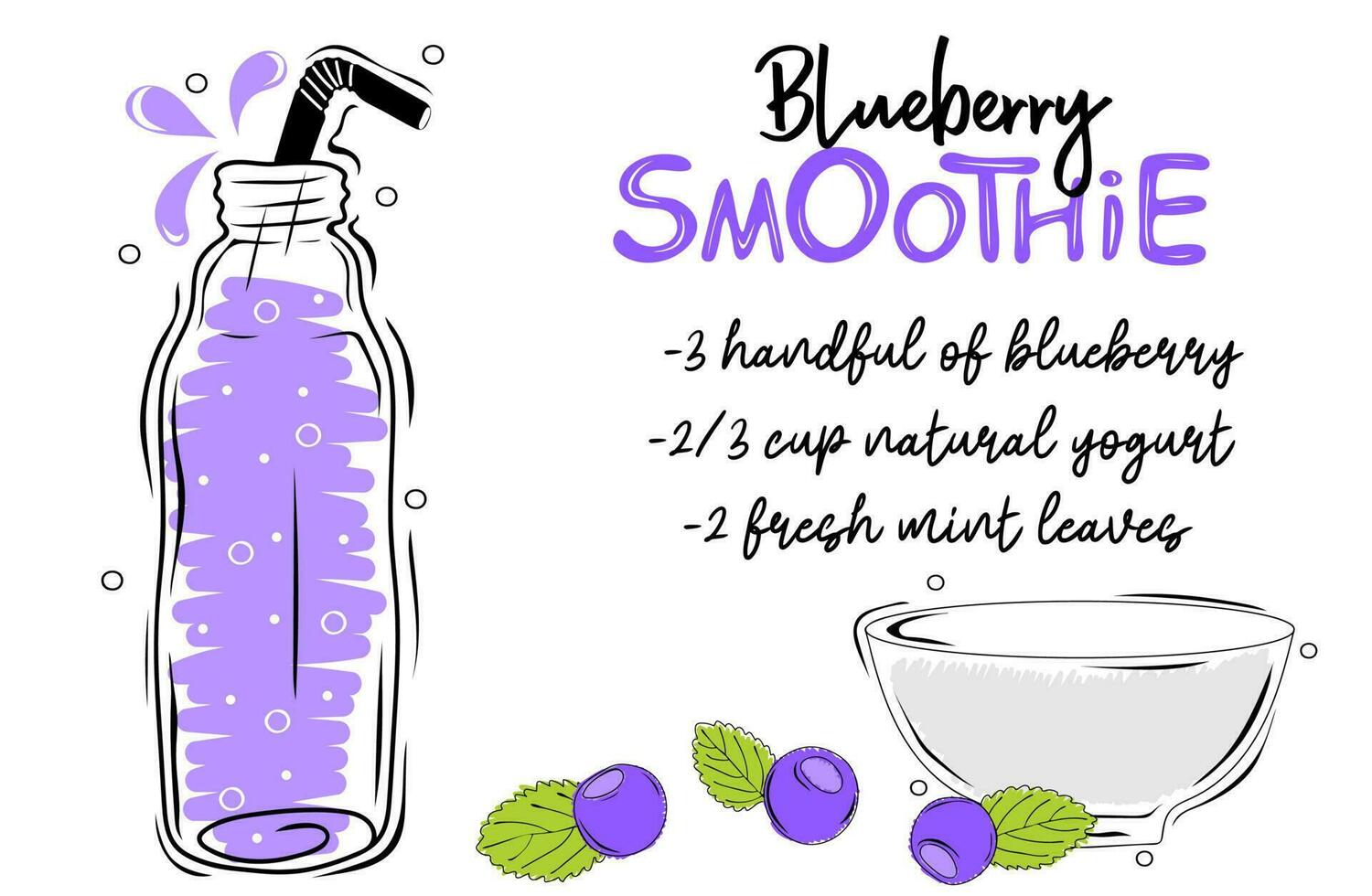 blåbär smoothie recept med illustration av Ingredienser vektor