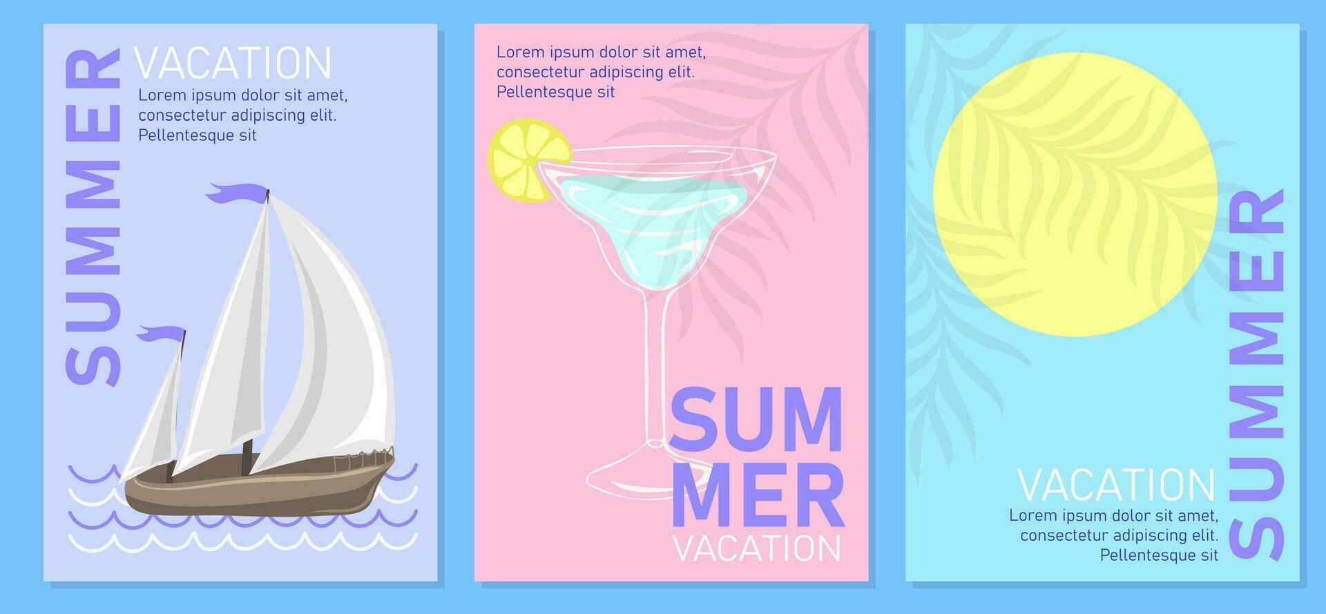 modern sommar semester banderoller, posters eller kort med tropisk löv sommar cocktail och sjöbåt. sommar högtider och resa begrepp. trendig mallar i minimalistisk stil vektor