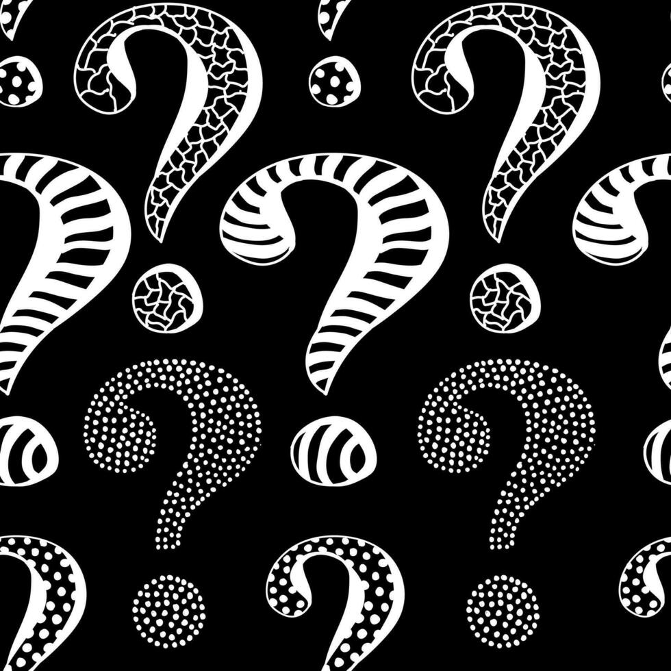 Frage markieren. Vektor nahtlos Muster mit Weiß Frage Zeichen Interpunktion auf schwarz Hintergrund