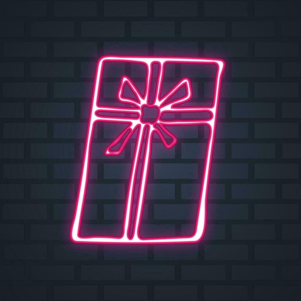 Neon- Weihnachten Geschenk Box auf ein Backstein Mauer Hintergrund vektor