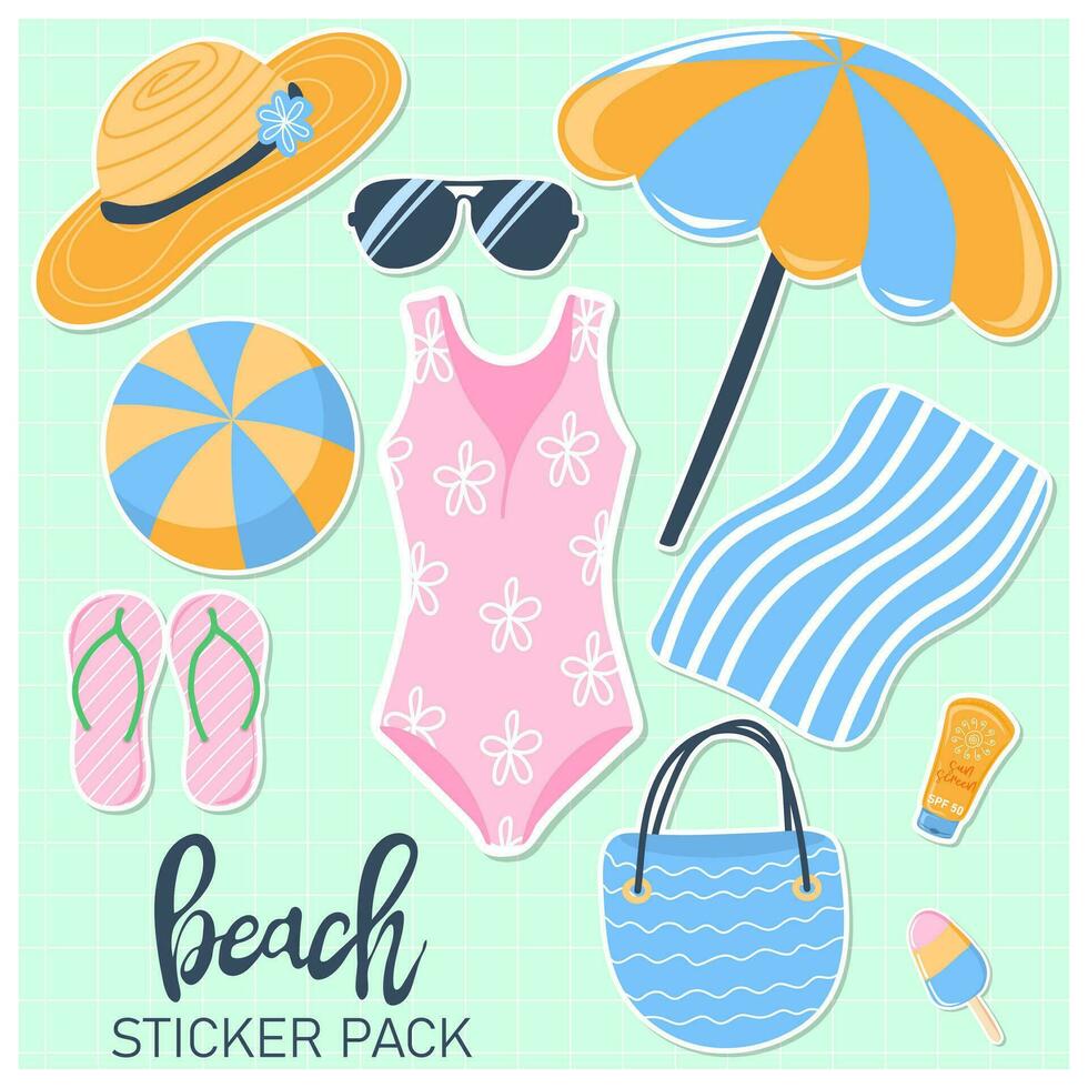 Hand gezeichnet Strand Aufkleber Pack . tropisch Urlaub. Sommer- Ferien Design Elemente vektor