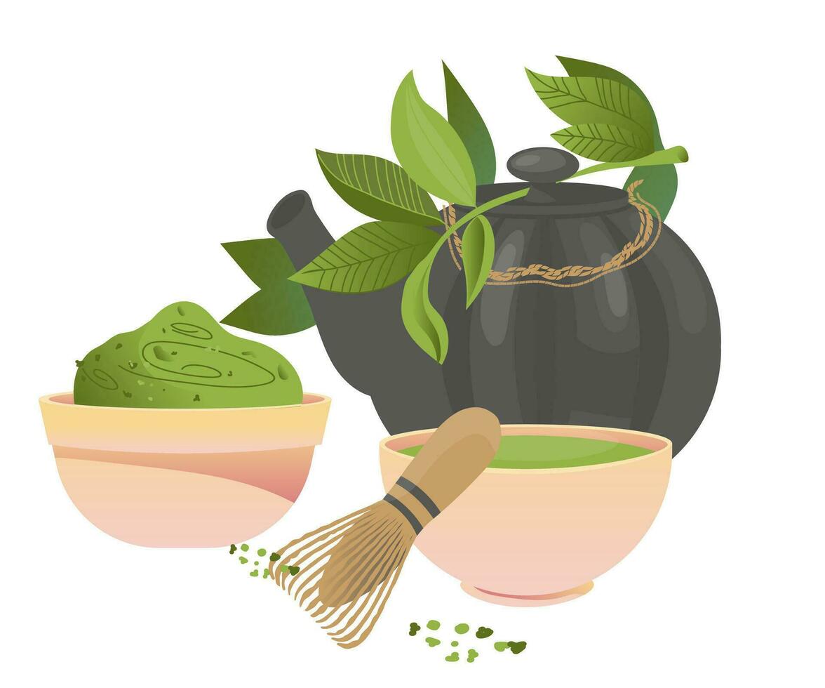 porslin och löv av matcha grön te dricka ceremoni, platt vektor illustration isolerat på vit bakgrund. japansk eller kinesisk strimlad matcha grön te löv och koppar av varm dryck.
