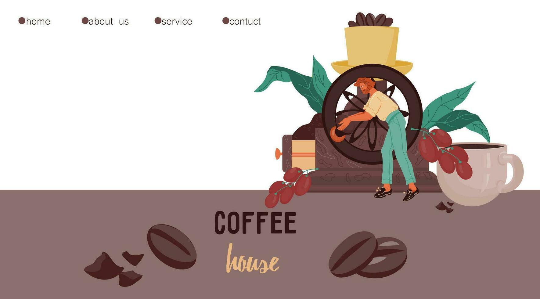 Kaffee Haus oder Cafeteria Webseite Schnittstelle Design mit winzig Mann und dekorativ Kaffee Elemente. Landung Netz Seite Vorlage zum Kaffee Produkte Verkauf eben Vektor Illustration.