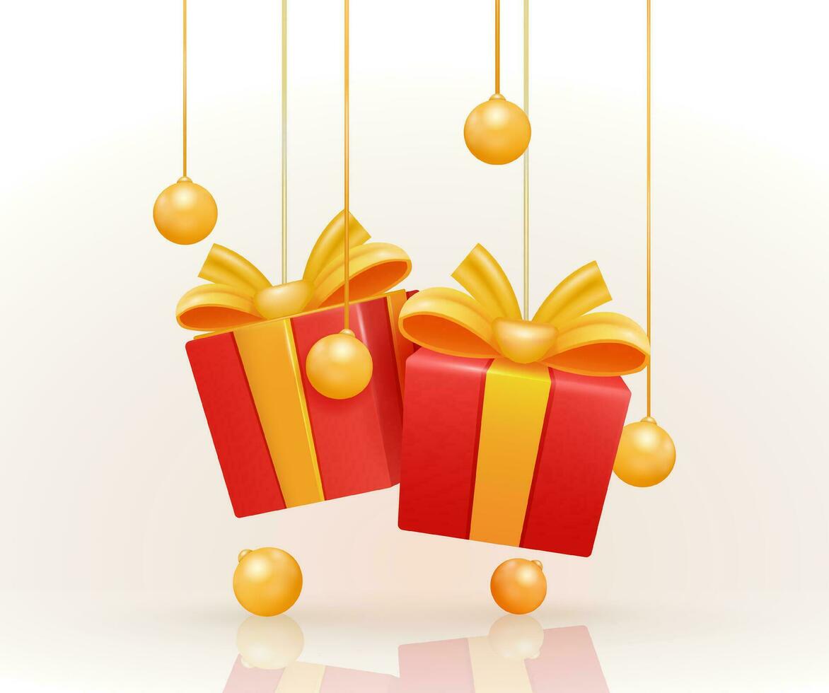 3d Vektor realistisch rot Geschenk Box mit Gold Ball Elemente hängend durch ein Seil. Geschenk Box mit golden Ball und Schatten isoliert auf Weiß Hintergrund. geeignet zum Werbung, Geburtstag und Weihnachten Geschenke