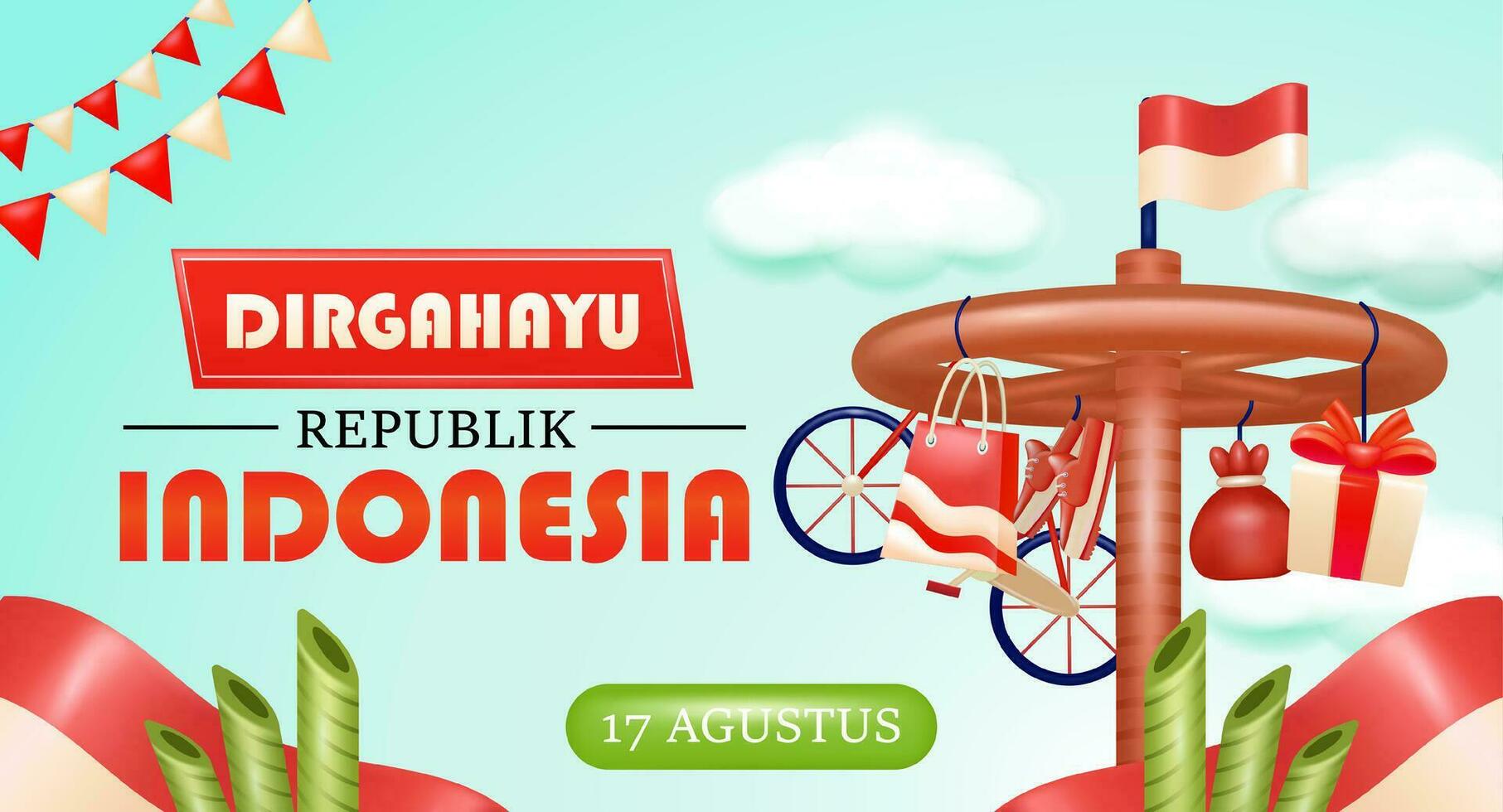 Lycklig indonesiska oberoende dag. röd och vit. augusti 17:e. 3d illustration av pinang klättrande, indonesiska flagga och spetsig bambu, lämplig banne för evenemang vektor