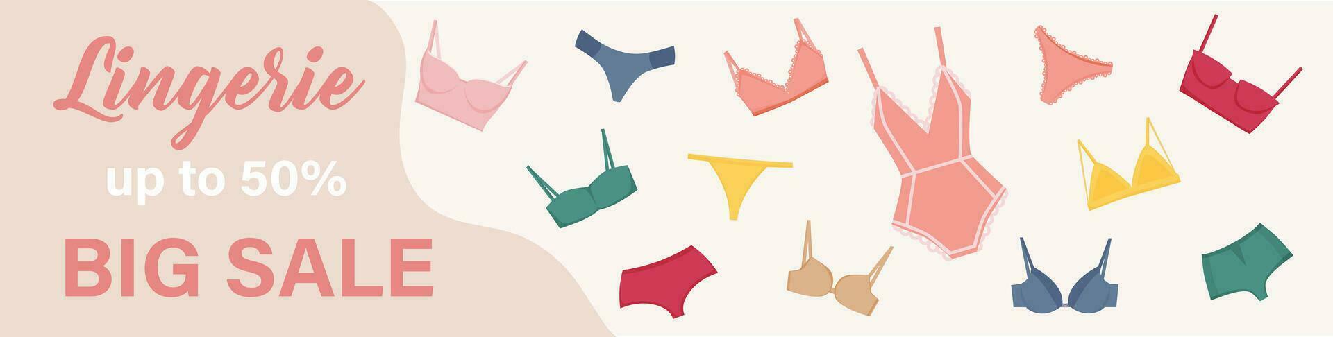 Dessous horizontal Banner. Netz Header Vorlage. Dessous Verkauf Poster, Banner, Vorlage zum Beförderung mit Bikini, BH, Bustier, knapp. Vektor Illustration.