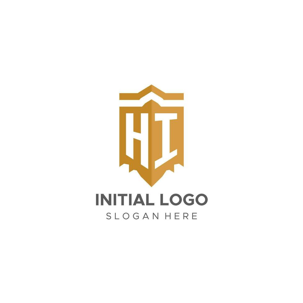 monogram Hej logotyp med skydda geometrisk form, elegant lyx första logotyp design vektor