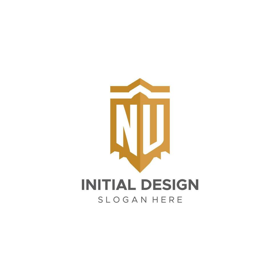 Monogramm nu Logo mit Schild geometrisch Form, elegant Luxus Initiale Logo Design vektor