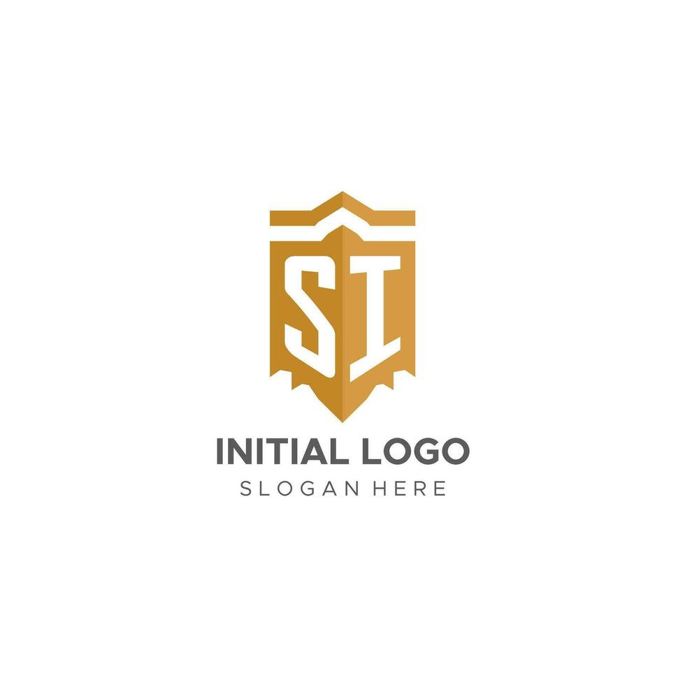monogram si logotyp med skydda geometrisk form, elegant lyx första logotyp design vektor