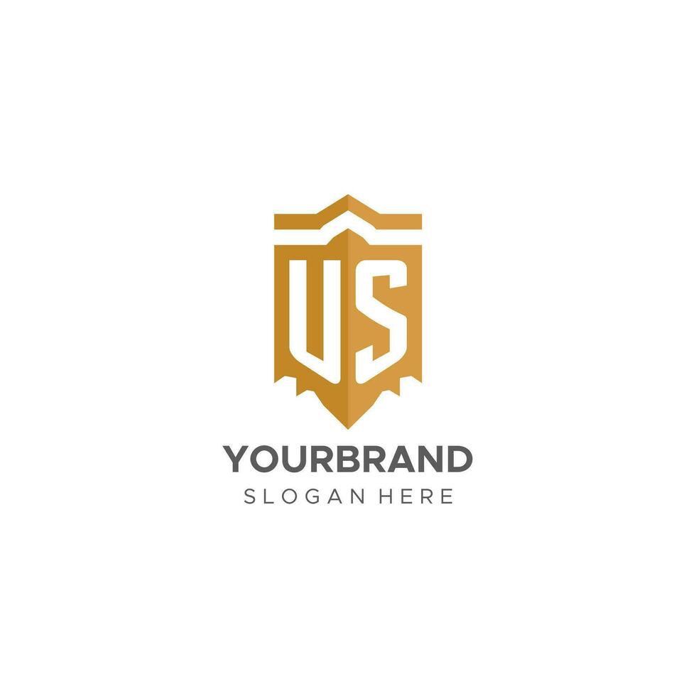 Monogramm uns Logo mit Schild geometrisch Form, elegant Luxus Initiale Logo Design vektor