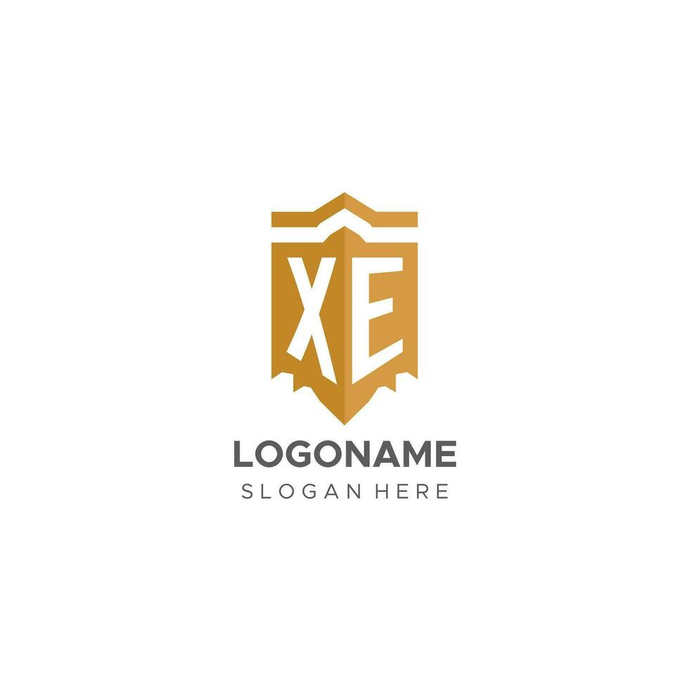 Monogramm xe Logo mit Schild geometrisch Form, elegant Luxus Initiale Logo Design vektor