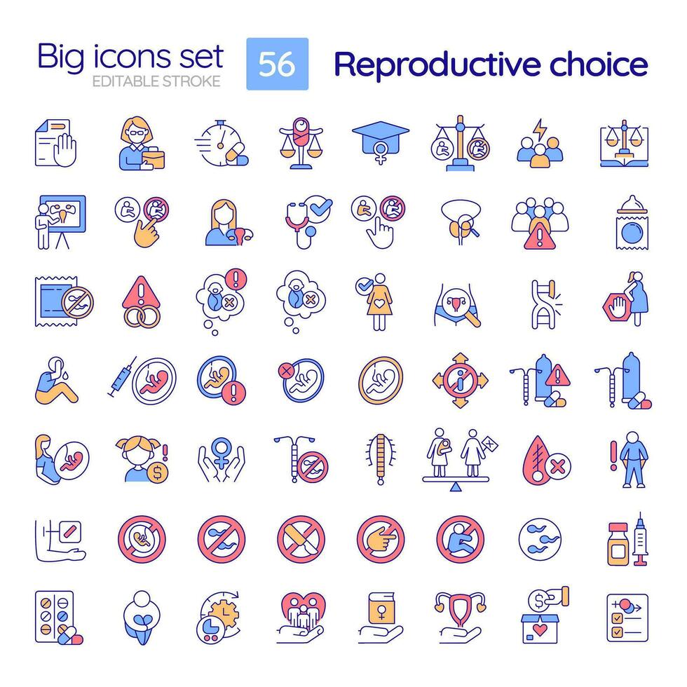 reproduktiv val rgb Färg ikoner uppsättning. kvinnor bemyndigande. reproduktiv hälsa. mänsklig höger. min kropp. isolerat vektor illustrationer. enkel fylld linje ritningar samling. redigerbar stroke