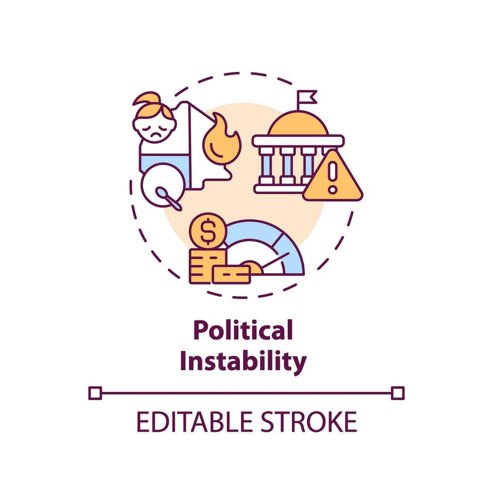 politisk instabilitet begrepp ikon. grevskap regering. ekonomisk kris. global förändra. konflikt zon. social oro abstrakt aning tunn linje illustration. isolerat översikt teckning. redigerbar stroke vektor