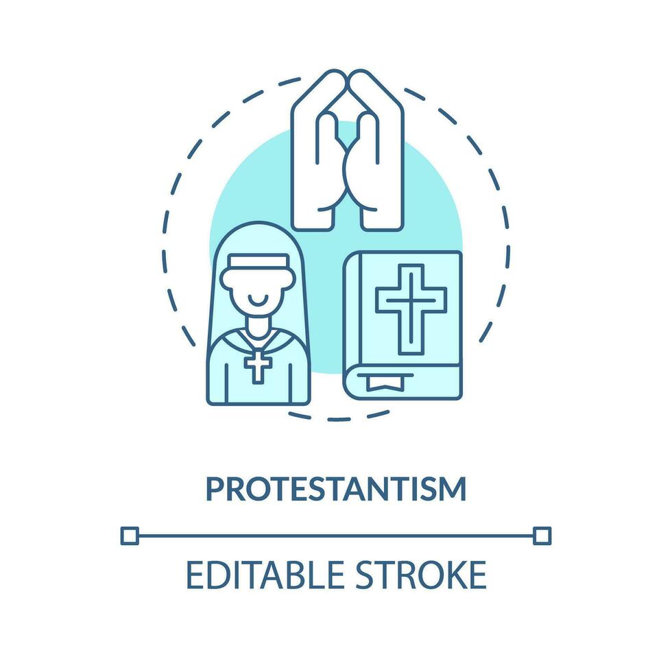 protestantism turkos begrepp ikon. reformation påverkan. kristen kyrka typ abstrakt aning tunn linje illustration. isolerat översikt teckning. redigerbar stroke vektor