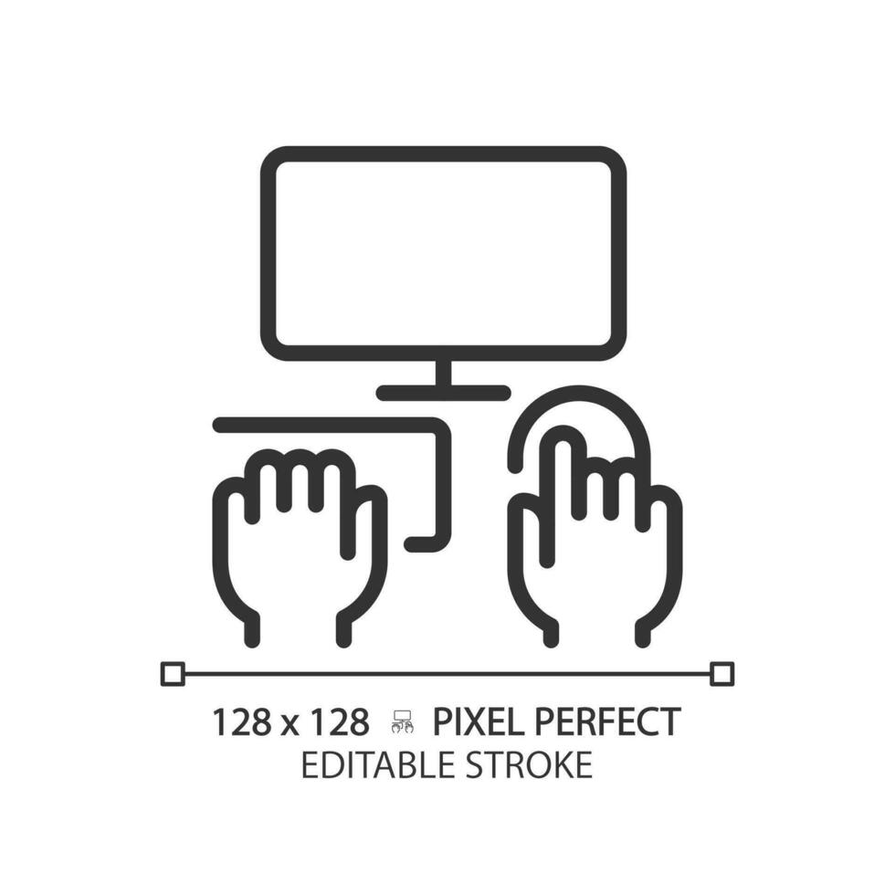 Hände mit Computer Pixel perfekt linear Symbol. Person Arbeiten auf Stk. elektronisch Ausrüstung zum Arbeit und Hobby. dünn Linie Illustration. Kontur Symbol. Vektor Gliederung Zeichnung. editierbar Schlaganfall