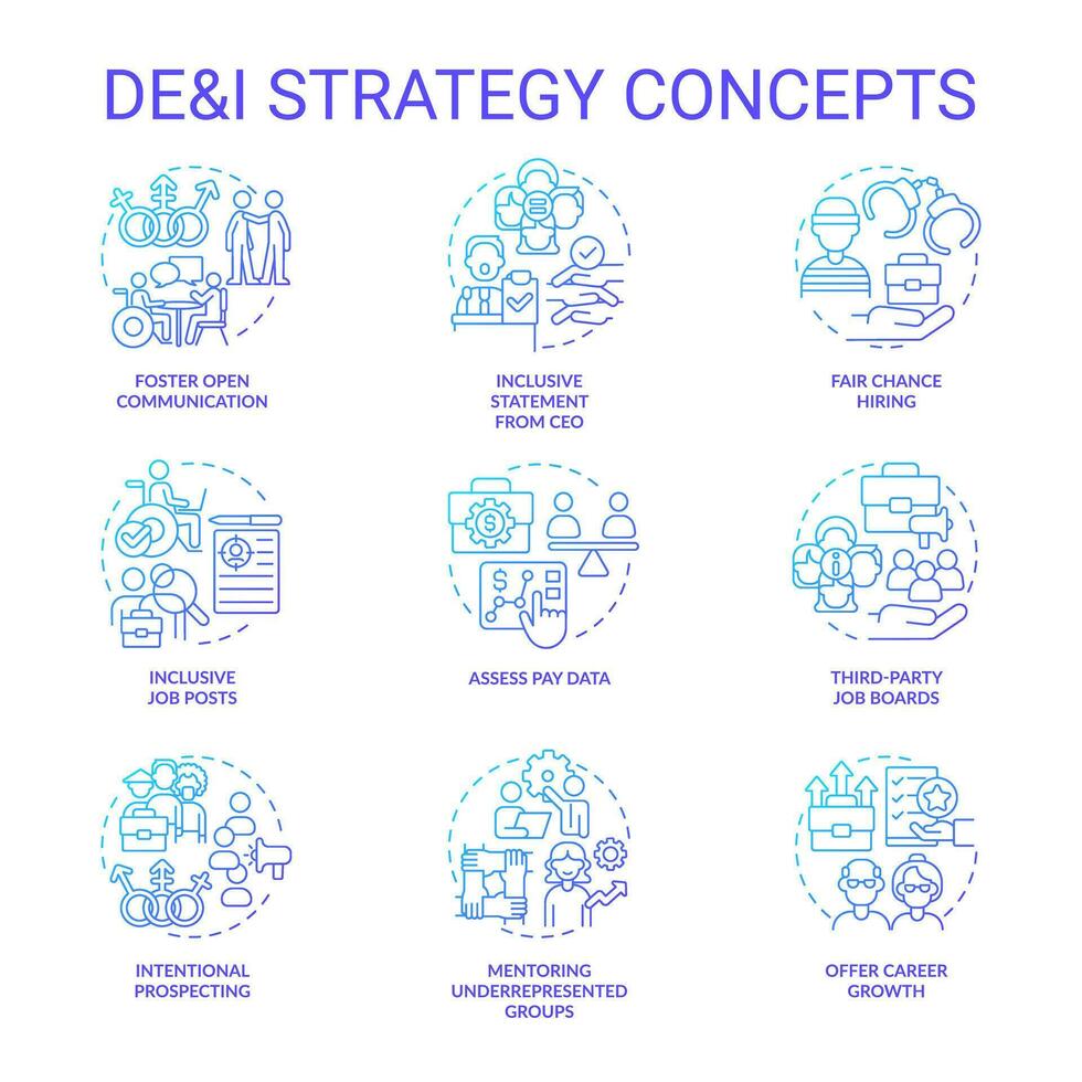 dei Strategie im Arbeitsplatz Blau Gradient Konzept Symbole Satz. Unterstützung Diversität, Eigenkapital und Aufnahme Idee dünn Linie Farbe Illustrationen. isoliert Symbole vektor