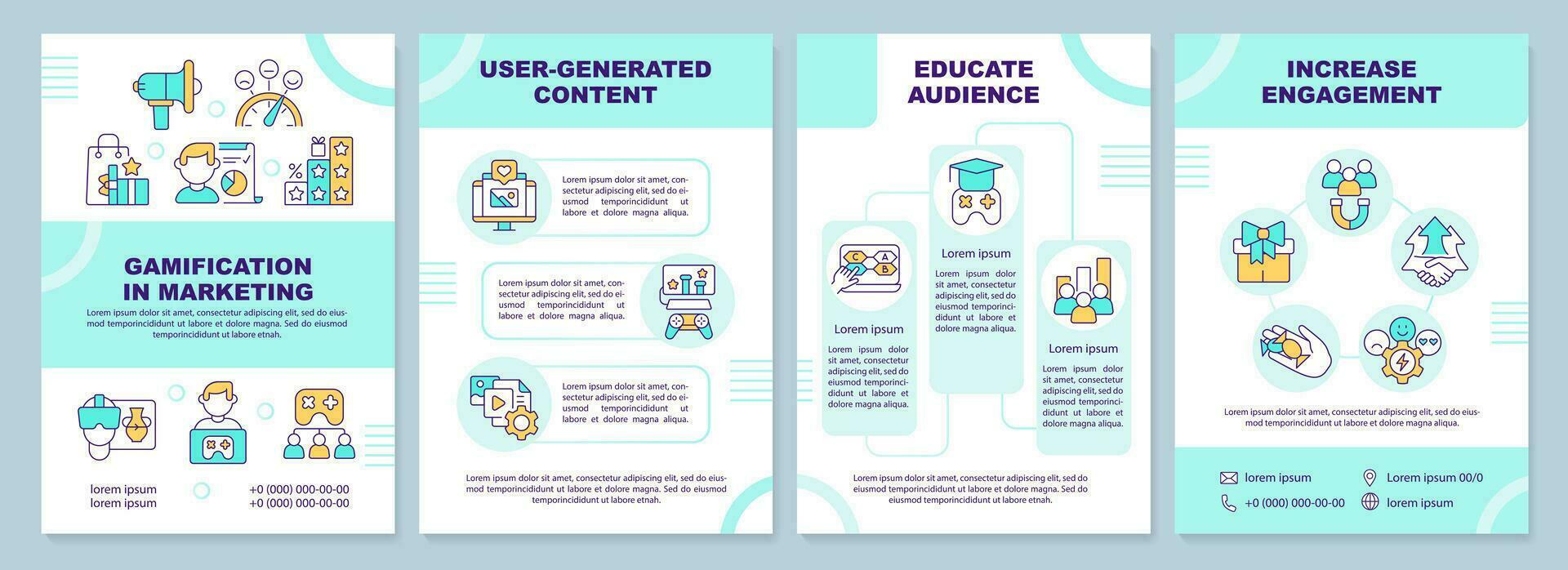 Gamification im Marketing Minze Broschüre Vorlage. Flugblatt Design mit linear Symbole. editierbar 4 Vektor Layouts zum Präsentation, jährlich Berichte