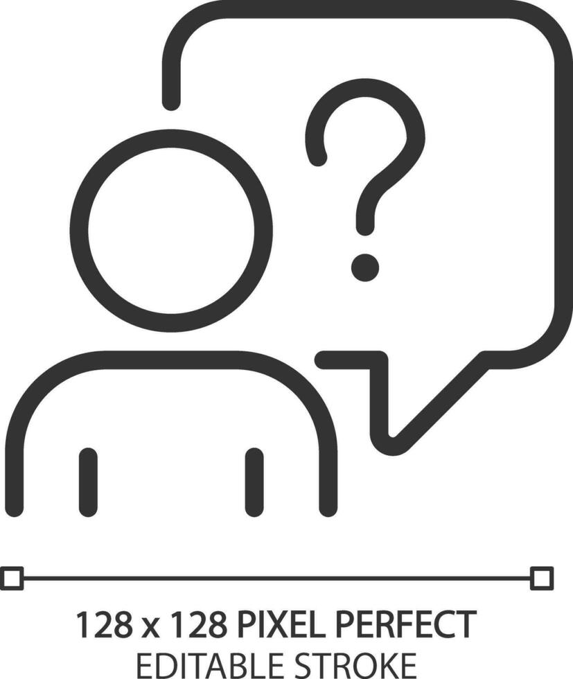 fragen Frage Pixel perfekt linear Symbol. verwirrt Person mit Rede Blase. Information Unterstützung Service. dünn Linie Illustration. Kontur Symbol. Vektor Gliederung Zeichnung. editierbar Schlaganfall