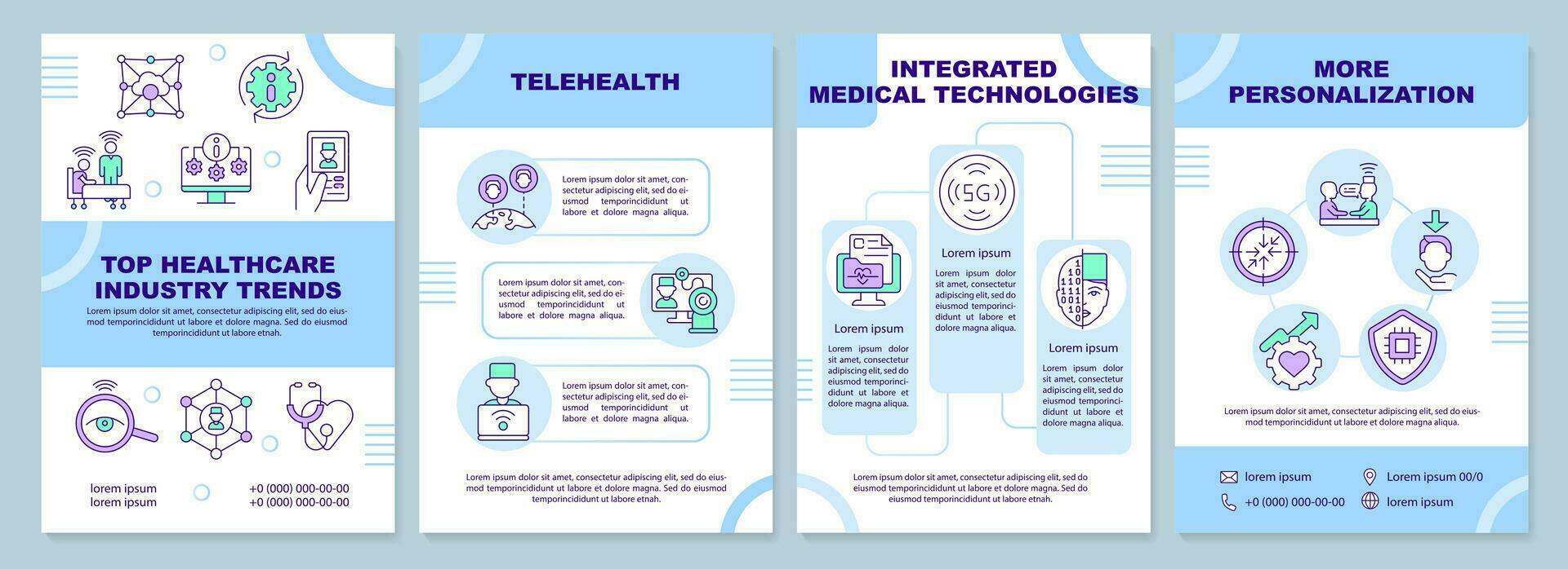 oben Gesundheitswesen Industrie Trends Blau Broschüre Vorlage. Flugblatt Design mit linear Symbole. editierbar 4 Vektor Layouts zum Präsentation, jährlich Berichte