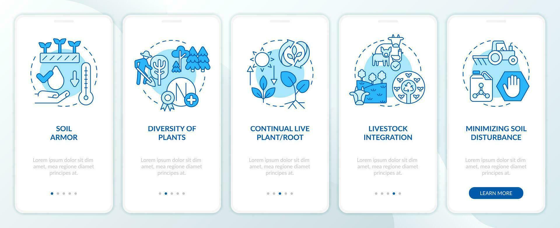 Prinzipien von regenerativ Landwirtschaft Blau Onboarding Handy, Mobiltelefon App Bildschirm. Komplettlösung 5 Schritte editierbar Grafik Anleitung mit linear Konzepte. ui, ux, gui Vorlage vektor