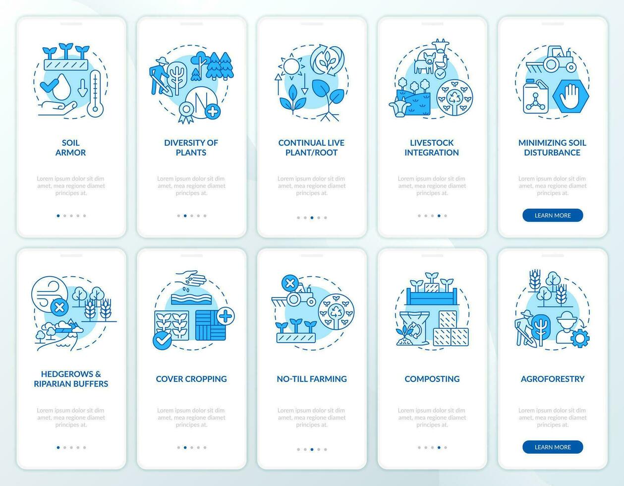 regenerativ Landwirtschaft Blau Onboarding Handy, Mobiltelefon App Bildschirme Satz. Komplettlösung 5 Schritte editierbar Grafik Anleitung mit linear Konzepte. ui, ux, gui Vorlage vektor