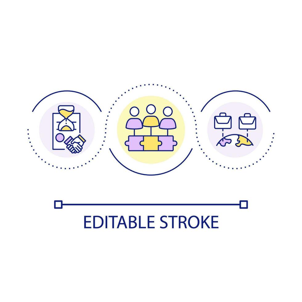 hantera global team med tillfällig arbetare slinga begrepp ikon. anställda runt om värld abstrakt aning tunn linje illustration. lagarbete. isolerat översikt teckning. redigerbar stroke vektor