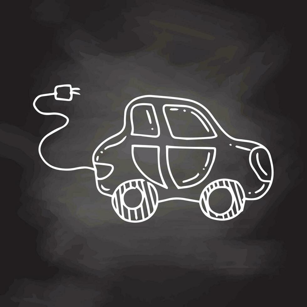 klotter elektro bil. vektor illustration på svarta tavlan bakgrund. isolerat skiss. ikon i hand teckning design stil.