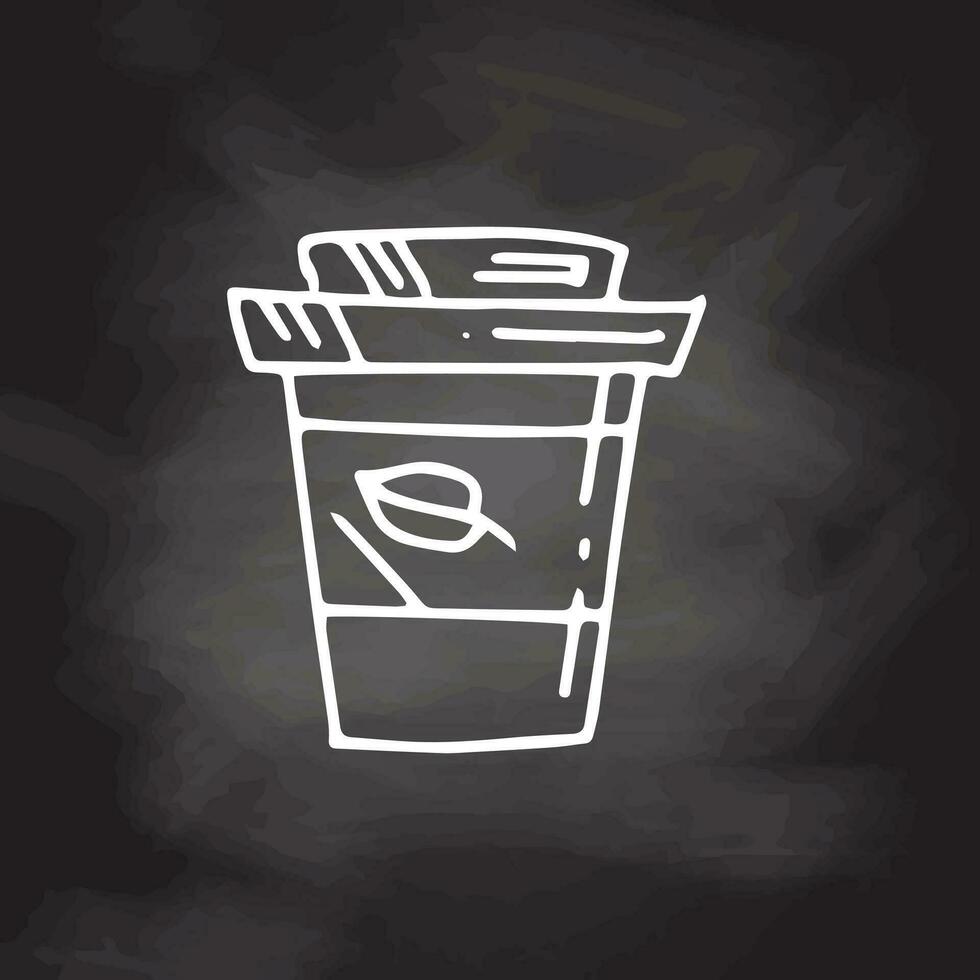 klotter kaffe hämtmat kopp med blad på svarta tavlan bakgrund. hand dra skiss illustration. ekologi begrepp. vektor. vektor