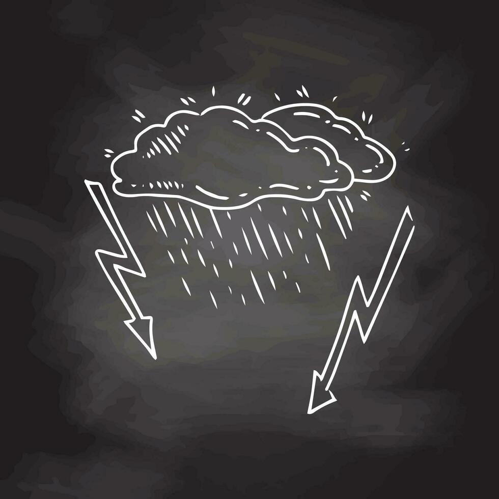 enkel skiss linje stil element. klotter söt bläck penna moln med regn och blixt- på svarta tavlan bakgrund. eco begrepp. vektor