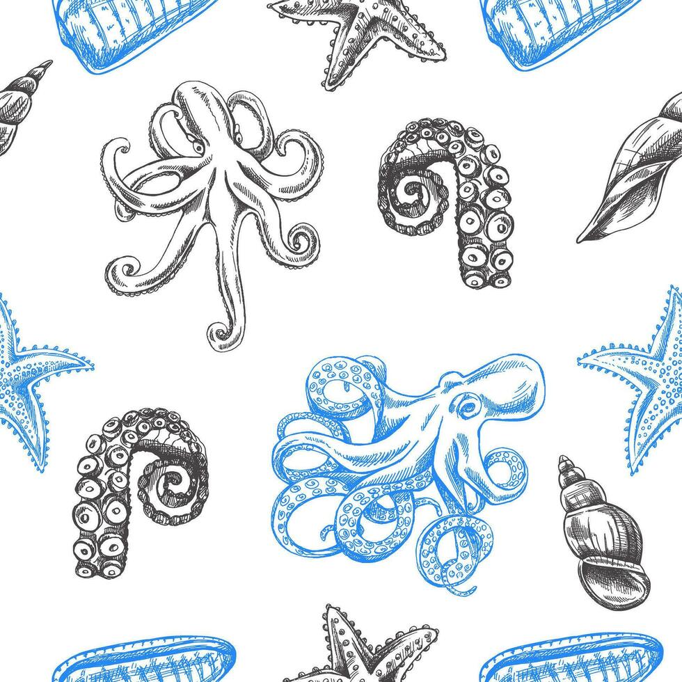 snäckskal, bläckfisk, bläckfisk tentakel sömlös mönster. hand dragen skiss illustration. samling av realistisk hav varelser isolerat på vit bakgrund. vektor