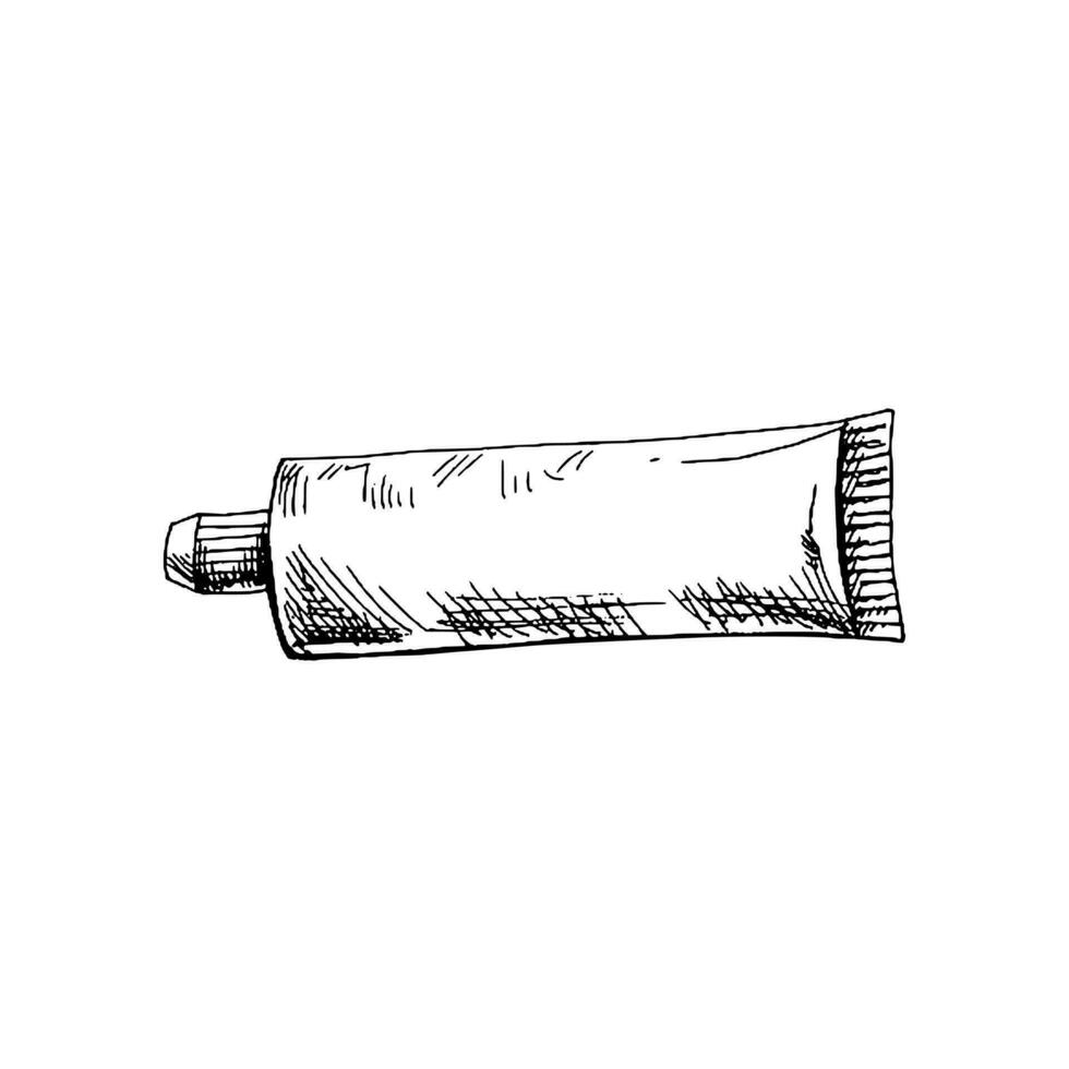 Hand gezeichnet Zahnpasta Jahrgang skizzieren isoliert auf Weiß Hintergrund. Vektor Illustration. Zahnschmerzen Behandlung.