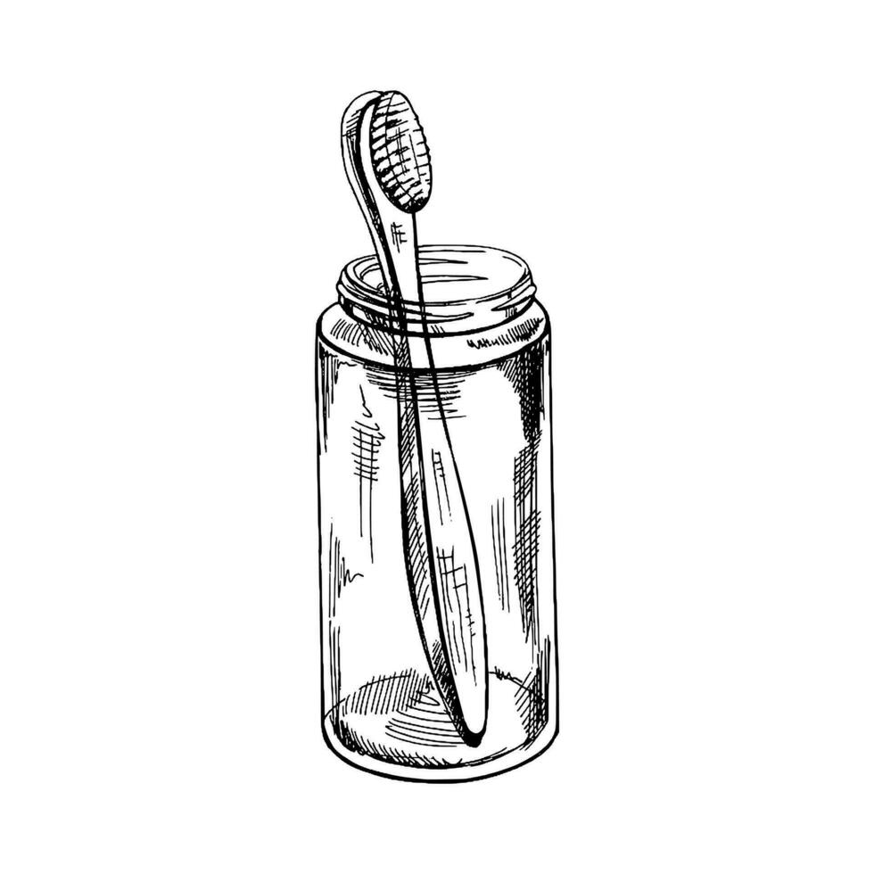 hand dragen tandborste i glas burk klotter skiss isolerat på vit bakgrund. vektor illustration. tandvärk behandling.