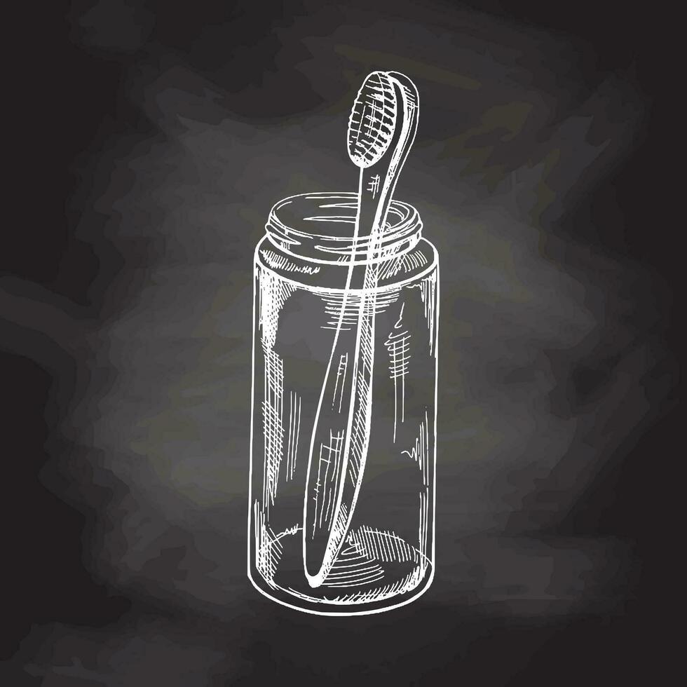 hand dragen tandborste i glas burk klotter skiss isolerat på svarta tavlan bakgrund. vektor illustration. tandvärk behandling.