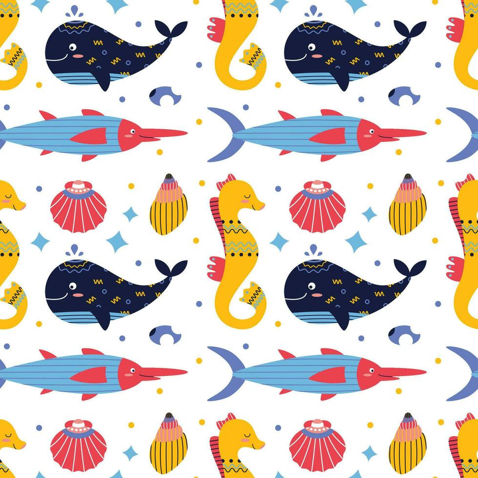 Muster auf ein Marine Thema mit Fisch, Hülse, Felsen, Seepferdchen, Wal, Schwertfisch, Ornament. vektor