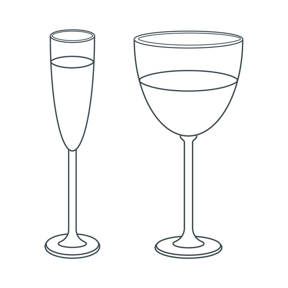 maträtter. en uppsättning av glas, cocktail, champagne, vinglas med en dryck. linje konst. vektor