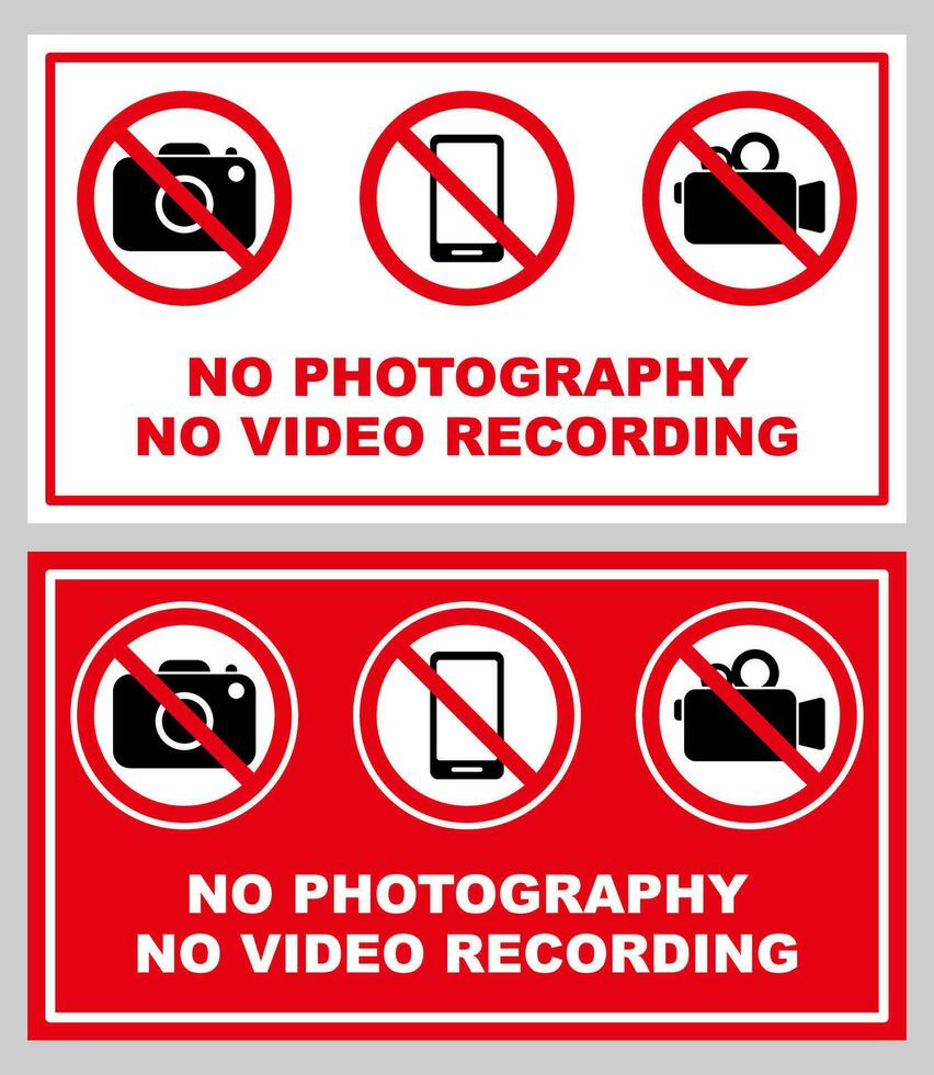 Nej fotografi video mobiltelefon förbjuden förbjuden område tecken tryckbar symbol uppsättning silhuett ikon mobil telefon och kamera design vektor