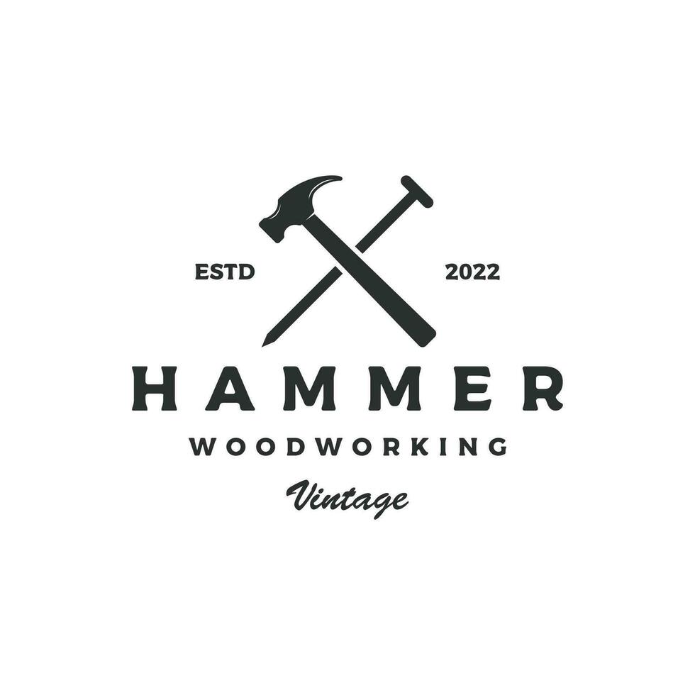 retro årgång korsade hammare och naglar logotyp mall design.logotyp för Hem reparera service, snickeri, märken, träbearbetning. vektor
