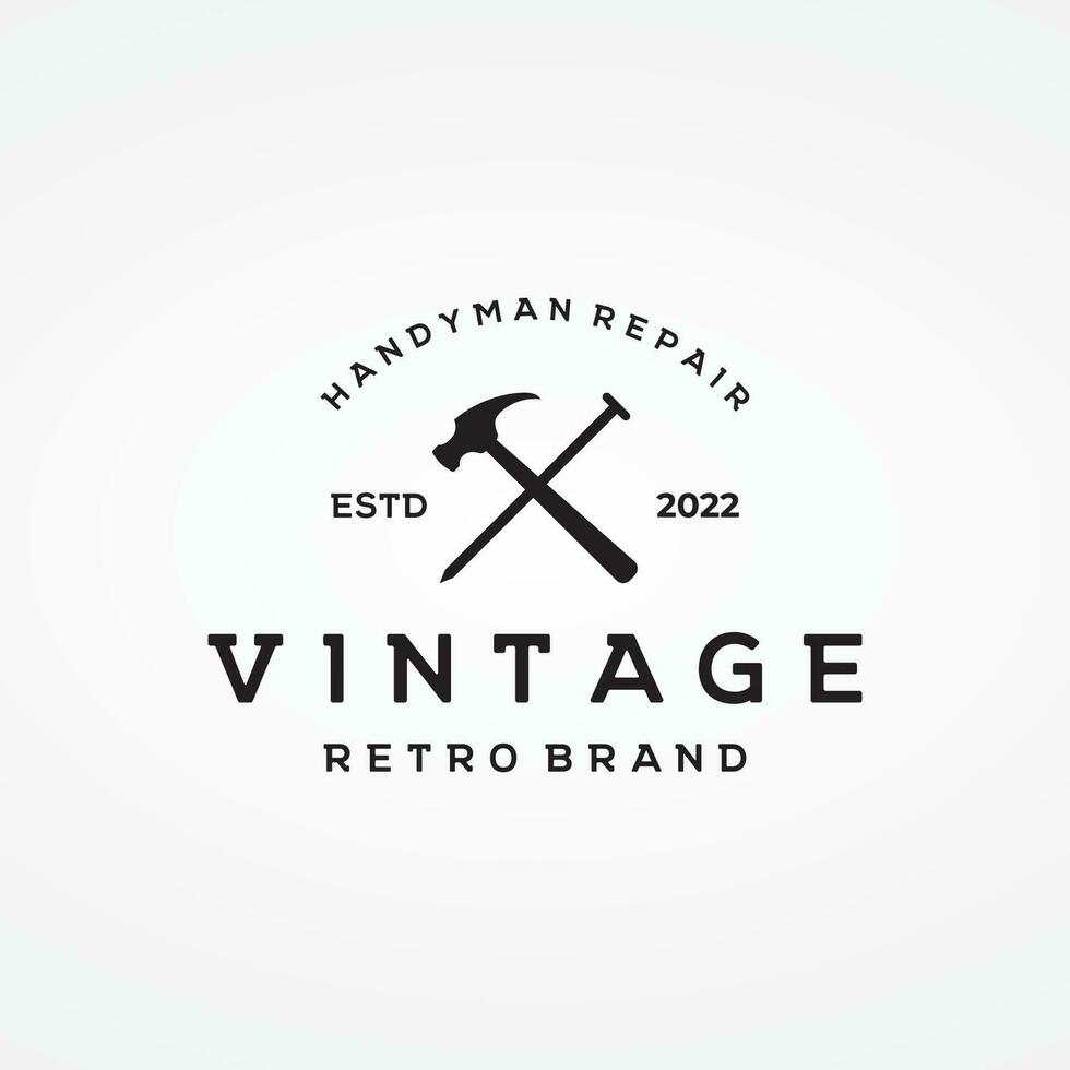 retro årgång korsade hammare och naglar logotyp mall design.logotyp för Hem reparera service, snickeri, märken, träbearbetning. vektor