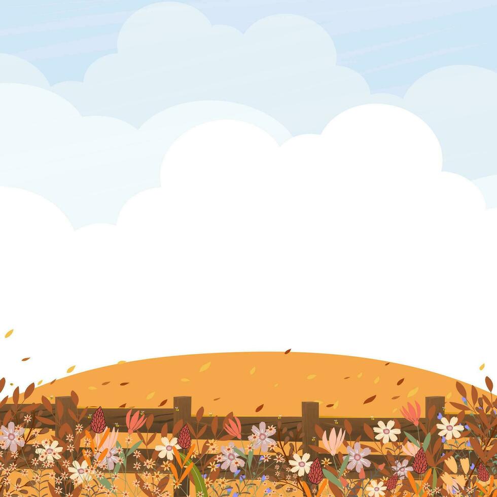 Herbst Hintergrund, herbstlich Landschaft mit Blumen, Berg, blau Himmel und Wolken, Horizont fallen Landschaft ländlich im Landschaft, Vektor Illustration süß Karikatur Banner zum Ernte oder das Erntedankfest Festival