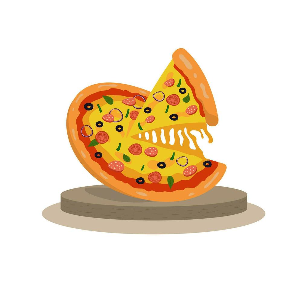 appetitlich heiß Pizza mit geschmolzen Käse. Vektor Bild, Symbol, Elemente. köstlich Essen, Pizzeria, Speisekarte