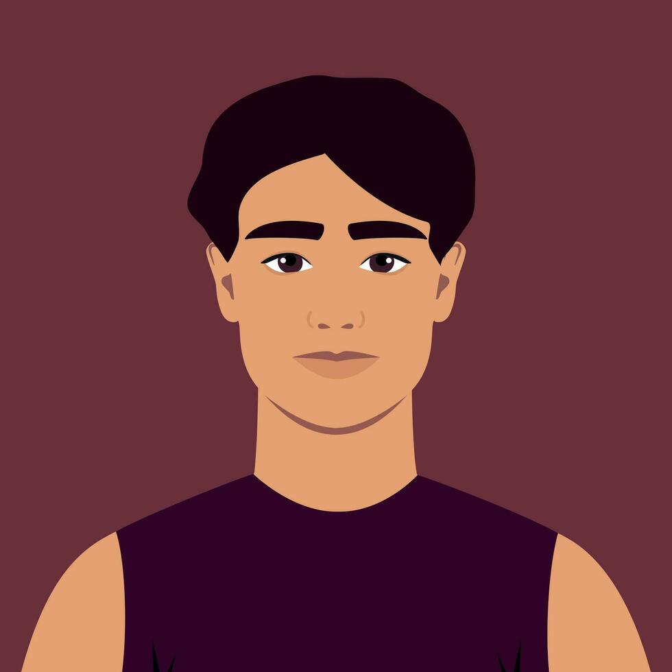 ung man med lockigt svart hår i en lila skjorta. porträtt av ett abstrakt kille. full ansikte abstrakt manlig avatar i platt stil vektor