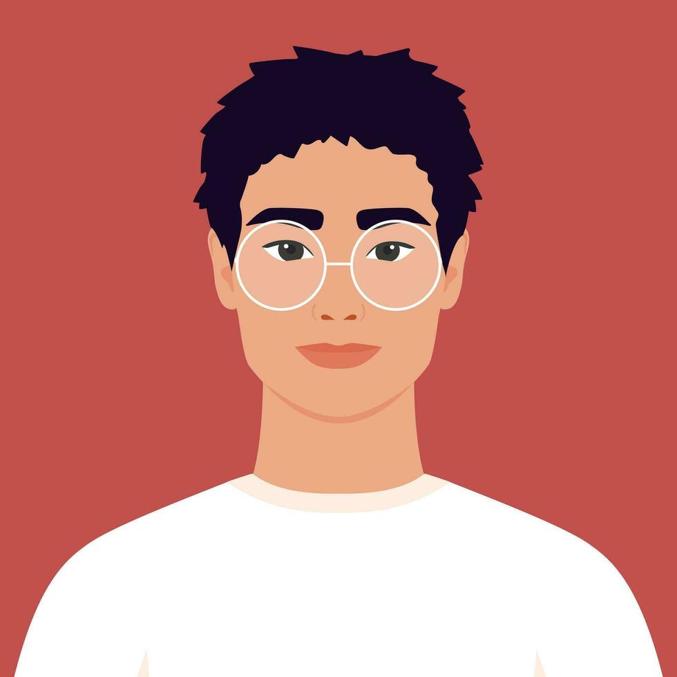 ung man i glasögon. porträtt av en studerande. full ansikte abstrakt manlig avatar i platt stil vektor