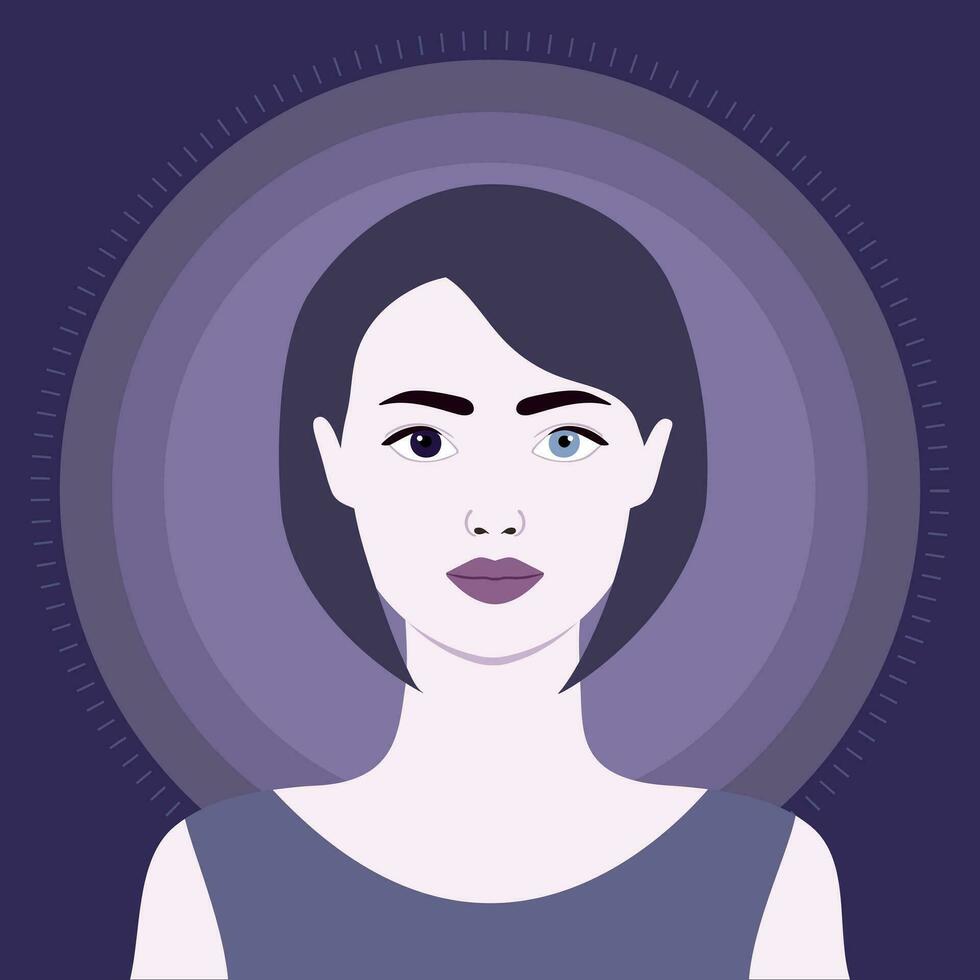 Porträt von ein Frau mit ein Heterochromie. weiblich mit anders Augen vektor