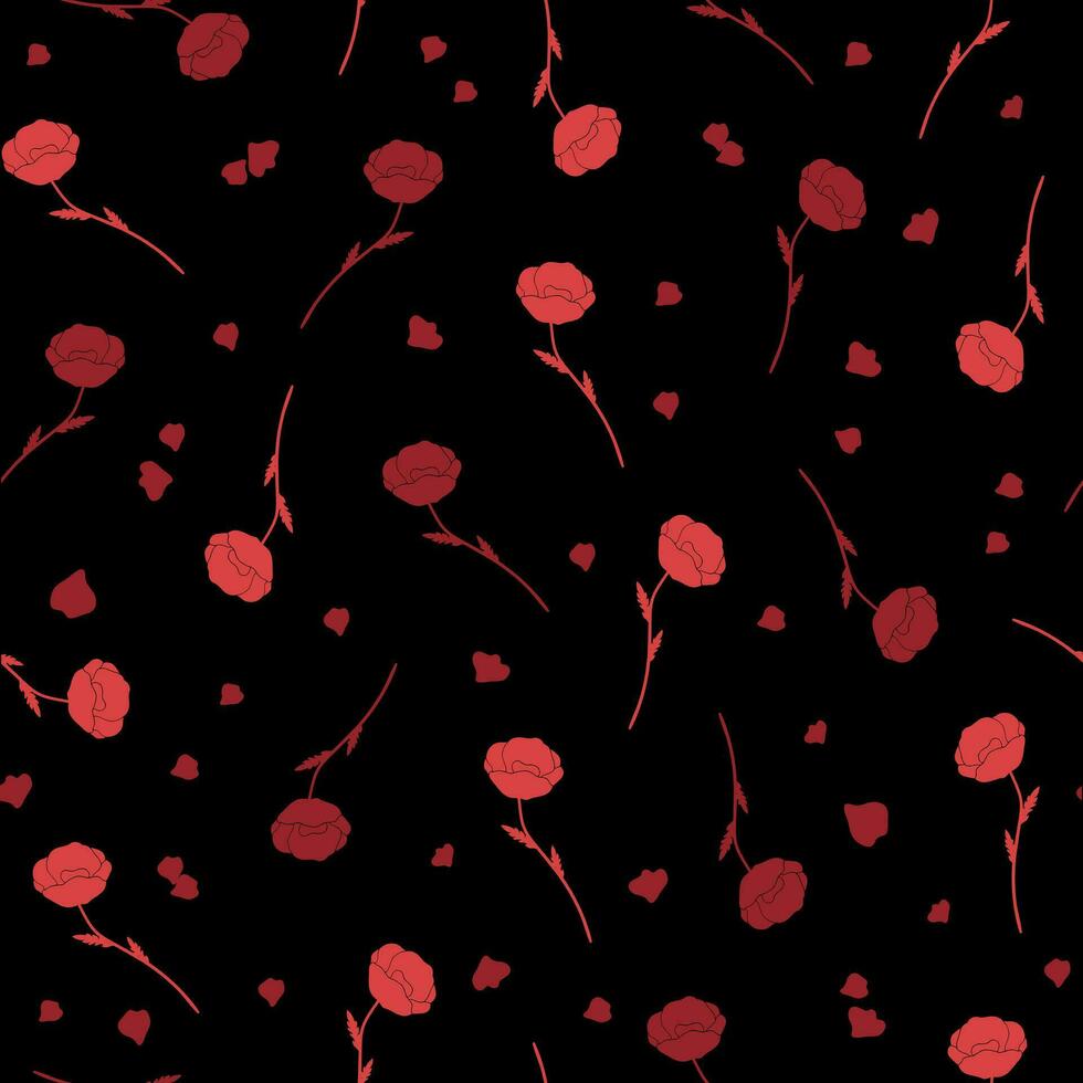 röd vallmo blommor och kronblad sömlös mönster på en svart bakgrund. vektor illustration