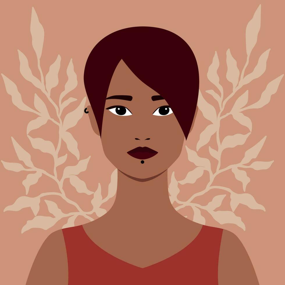 Porträt von ein informell Latein Mädchen mit Piercing auf ein botanisch Gliederung Hintergrund. Benutzerbild zum Sozial Medien. abstrakt weiblich Porträt im eben Stil vektor