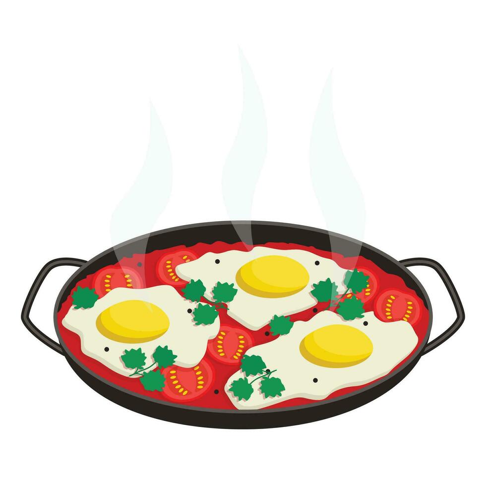 israelisch National Lebensmittel. Shakshouka. gebraten Eier, im Soße, mit Tomaten und Gewürze. Vektor Grafik.